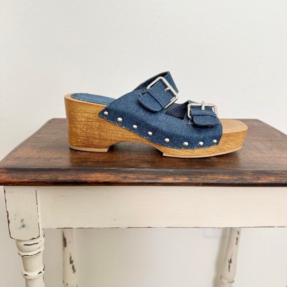 Denim clog est 6-6.5 wood stud buckle y2k blue platform sandal